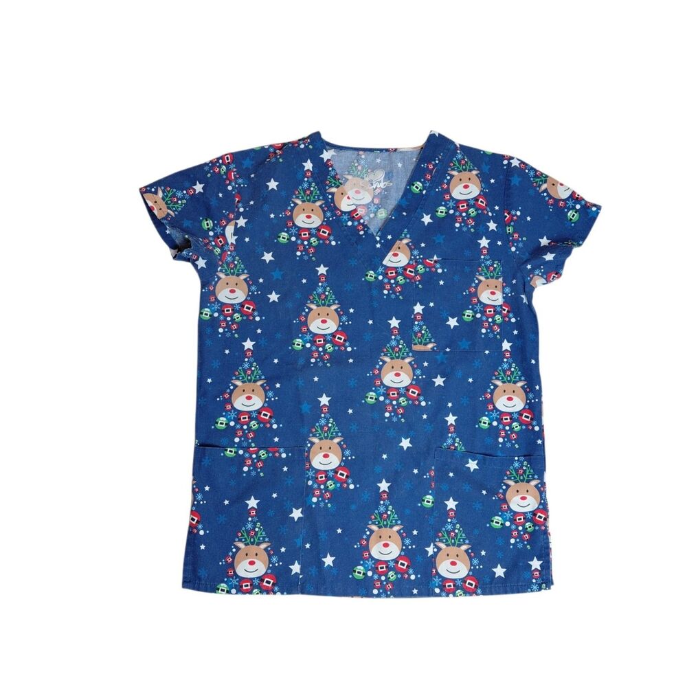 I Love Scrubs Womens Christmas Scrub Top Size S Blue Reindeer Trees